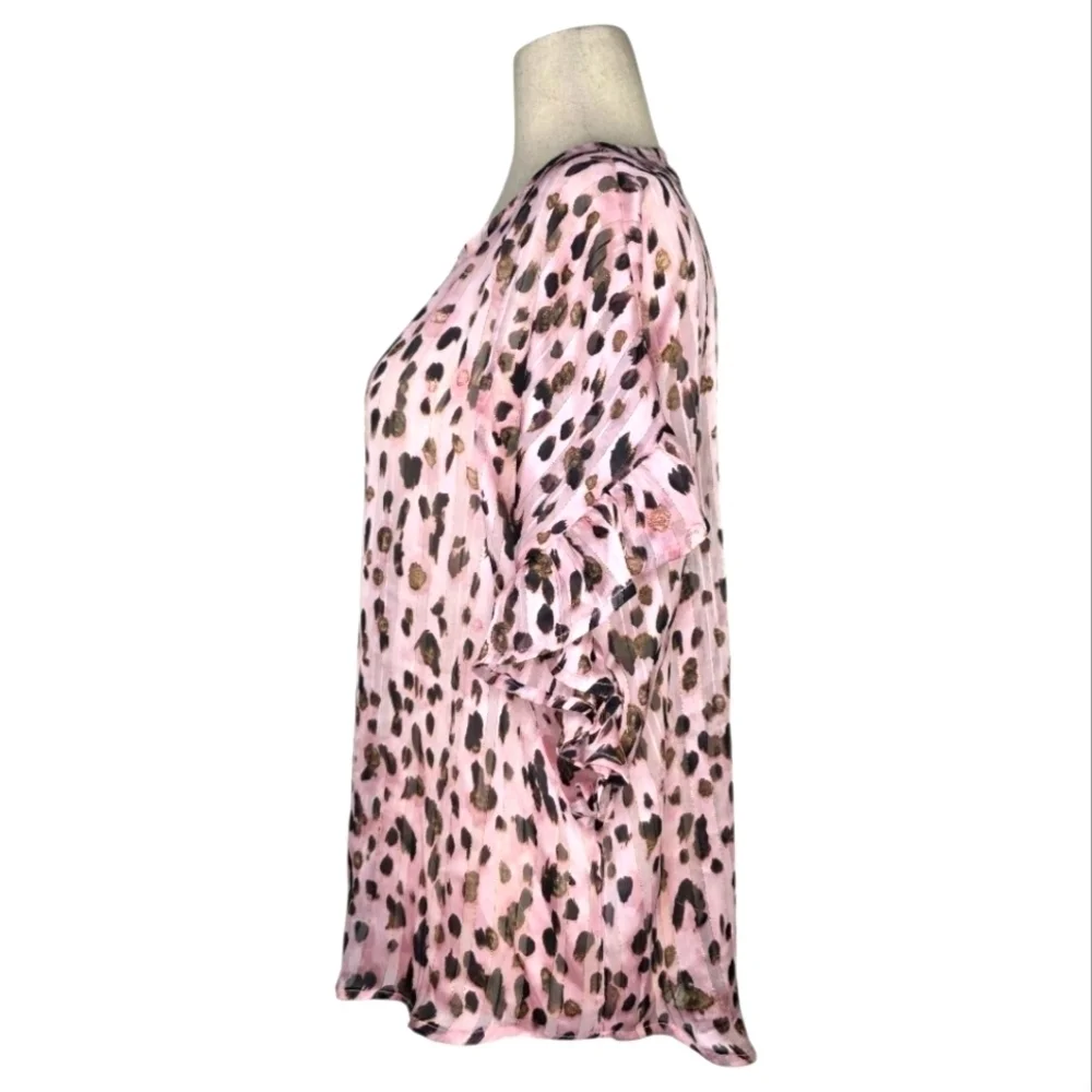 Umgee Pink Metallic Leopard Print Ruffle Sleeve Blouse Size L Sheer Top